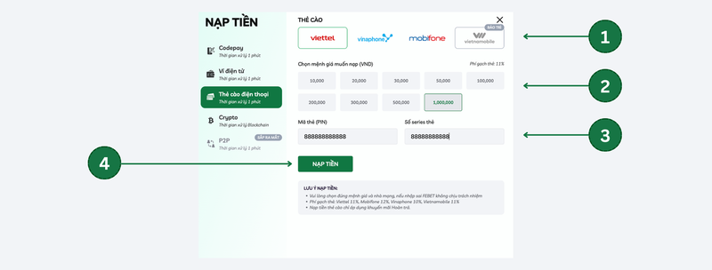 FEBET nạp tiền qua thẻ cào điện thoại